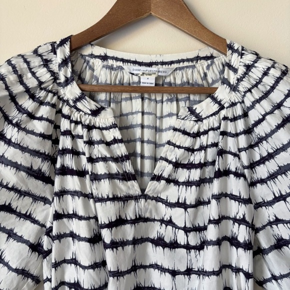 Diane Von Furstenberg Keoni Dress 4 Puff Sleeve Striped White Black - Picture 2 of 9